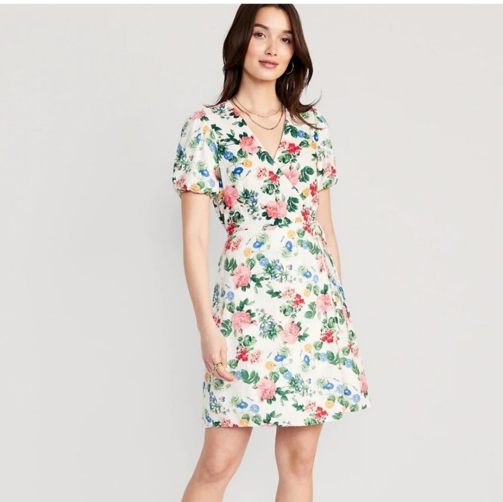 Old Navy Floral Puff Sleeve Mini Wrap Dress Tea Party Cottagecore Garden Size XL